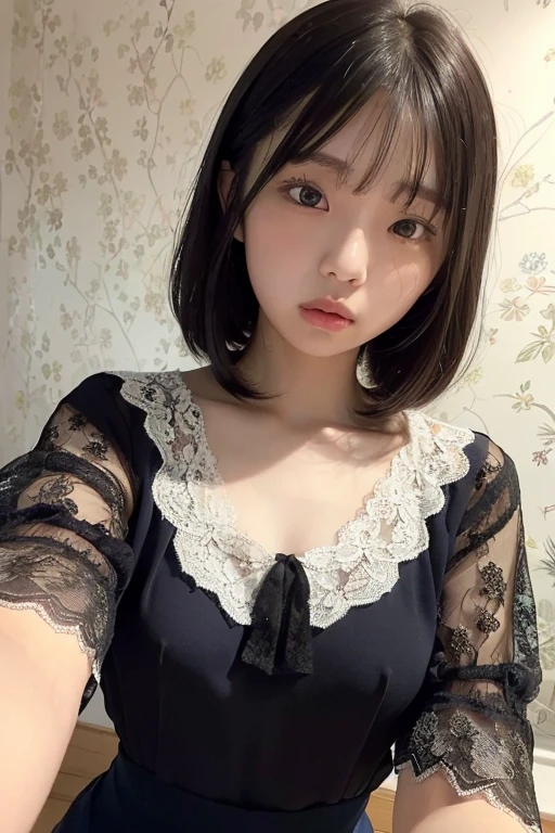 (best quality, masterpiece) A portrait of a young girl, realistic, analog, photograph, high quality, photorealistic, masterpiece, best quality, slim, petite, round face, short brown hair, almond eyes, detailed eyes, realistic eyes, glossy lips, smile, shiny black silk dress, hairpin, intricate lace choker, in a castle, in front of a window, backlit, soft light, rich colors, waist up