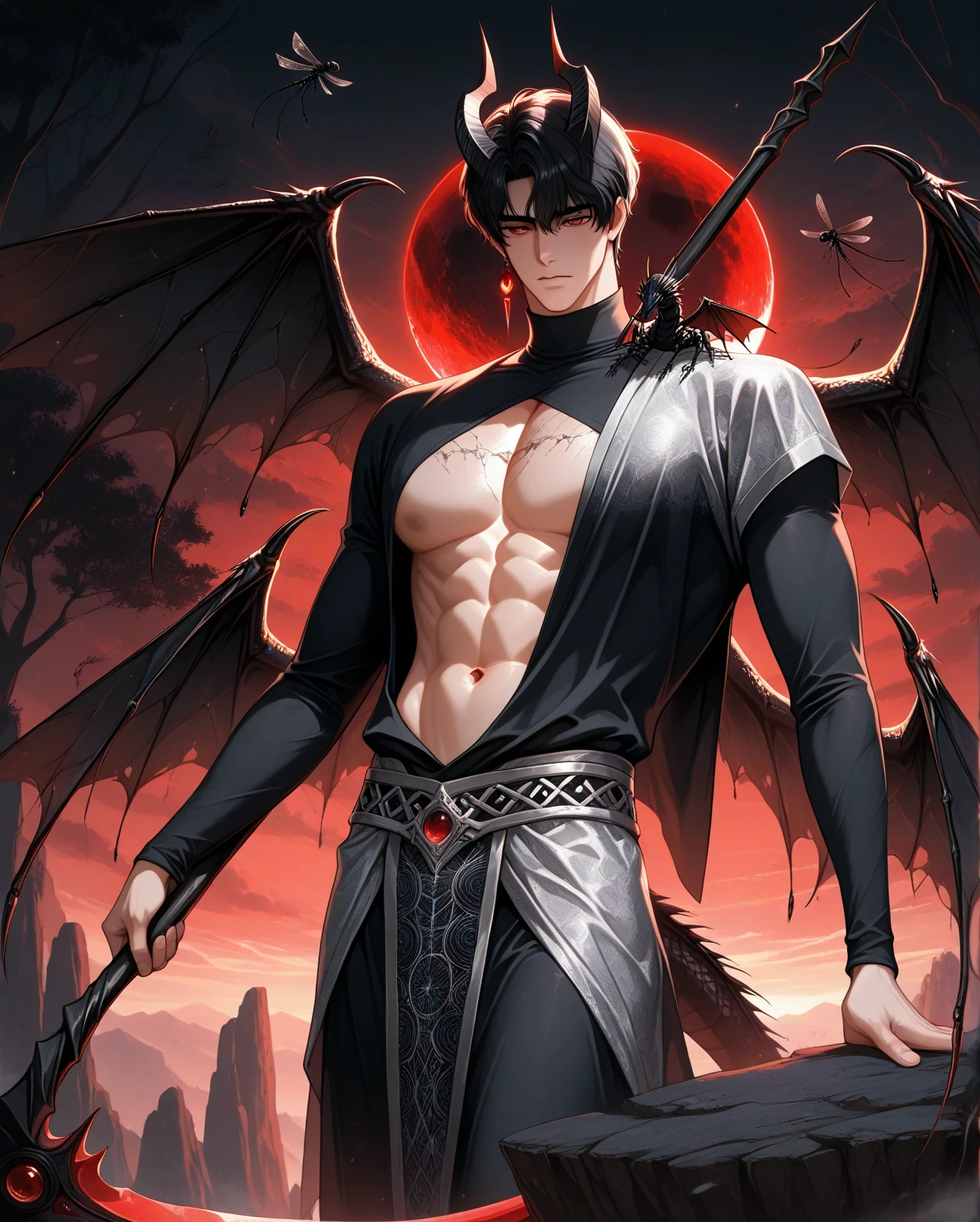 (high quality, 8k, extremely detailed), male demon with short red hair, red eyes, white skin and athletic body, bat wings on his back, (gothic, close-up, crystalline image very well done), attractive incubo demon, digital details, digital drawing, Dreamshaper, black forest background. --auto --s2