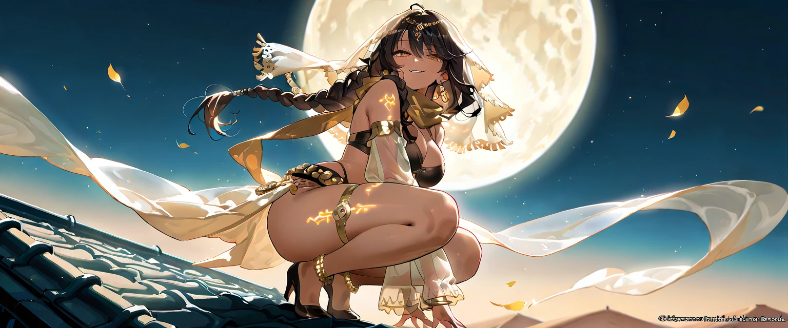 anime_style, Ultra Best Quality, Ultra High Res, Ultra Detailed, extremely detailed, ( Arabian dancer wearing face veil:1.5), (toned stomach:1.2), (white skin:1.3), (black hair, :1.3),(short hair, :1.3), (orange eyes, :1.2), more_details:-1, more_details:0, more_details:0.5, more_details:1, more_details:1.5,COLORFUL PORTRAITS, a cartoon, anime coloring, high quality, hair ornament,1girl, solo, bewitching, sexy, slut, erotic, plump ass, big ass, wide hips, big butt naked, big booty, big buns, curvy, shiny skin, oily skin, wedgie, very tiny thong, pelvic curtain, smile, full moon, looking at viewer, looking back, cowboy shot, belly dancer, shaded face, long veil, blush, jewelry, bare shoulders, tassel, armlet, bracelet
