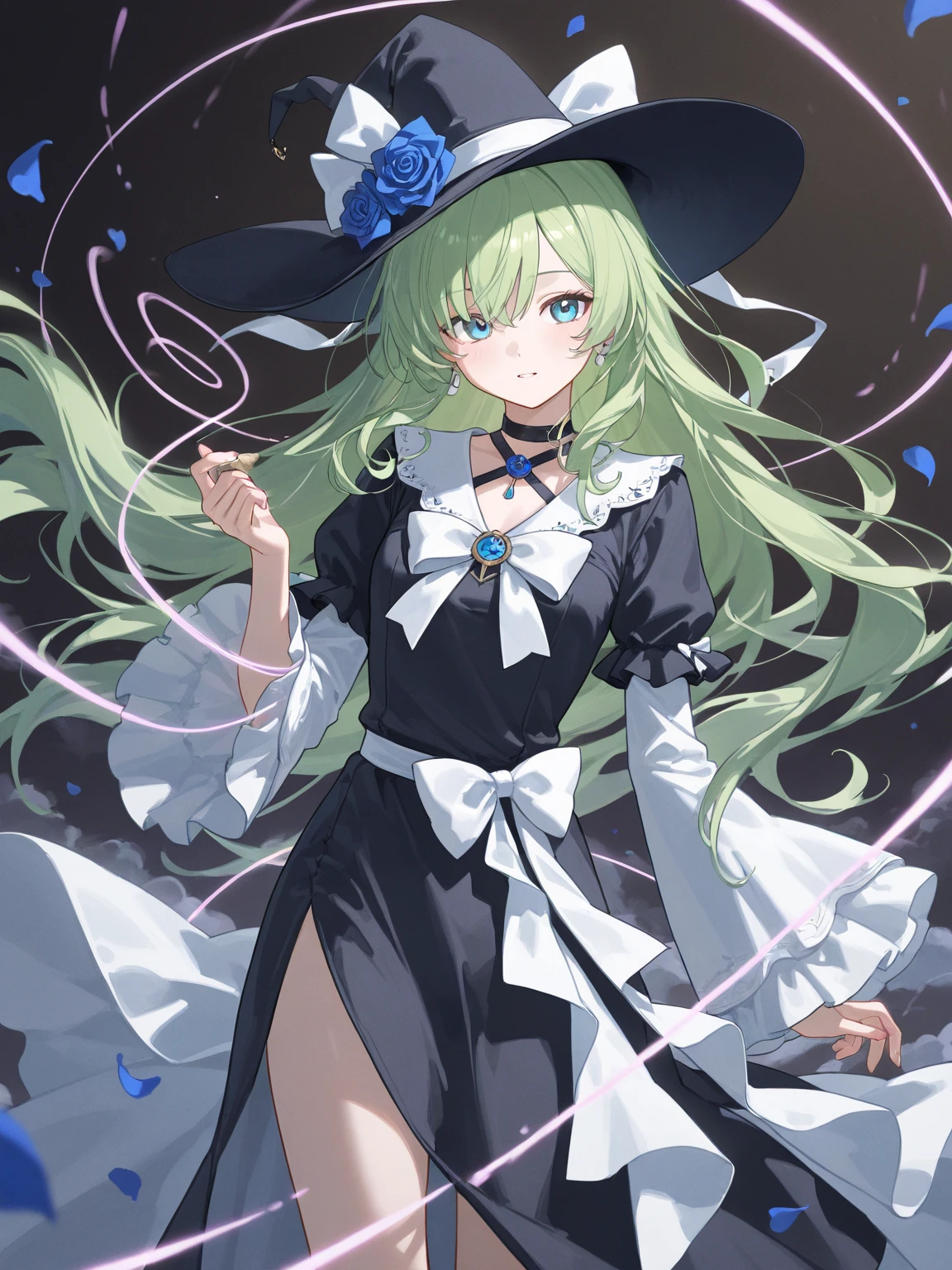 a close up of a person wearing a hat and dress, flirty anime witch casting magic, gothic maiden anime girl, anime girl with long hair, fashionable dark witch, in a cloak with long hairs, anime girl wearing a black dress, dark witch character, marin kitagawa fanart, witch academia, with a green cloak, witch girl, classical witch