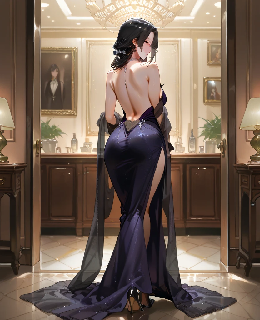 (A bewitching 35-year-old Japanese widow, dressed in a splendid black mourning outfit, lies face down between the varnished boards of a funeral parlor on a moonlit night, turning her profile and smiling mysteriously. Her chestnut French rolls cascade down her back like a waterfall of darkness, and her dark red lips seem to whisper secrets to the shadows. Her hands are gently placed on her hips, and she looks out over her gloomy surroundings with an air of seductive serenity, exuding an aura of mysterious charm. Her large, soft, delicious-looking buttocks, clad in black satin, rise up from her curvaceous body and protrude, inviting through the fabric, Lean forward and stick your butt out, The white smoke of incense sticks floats thinly like mist., A background effect representing swirling anxiety), ((nsfw, masterpiece, incredibly absurd resolution, absolute resolution, super high resolution, mature woman, MILF, professional, vibrant colors, perfect anatomy, ideal facial features, ideal body proportions, perfectly beautiful body, super detailed skin, Pale skin, shiny skin, glowing skin, attractive, soft and curvaceous, body conscious, neck, shoulder blades, back muscles, big soft looking ass)), (from bottom: 1.3), Aesthetic, perspective, ((To hide the overflowing murderous intent and the vicious nature that is about to leak out, the lewd and irresistible carnal trap that targets the viewer is a malicious and seductive smile.))