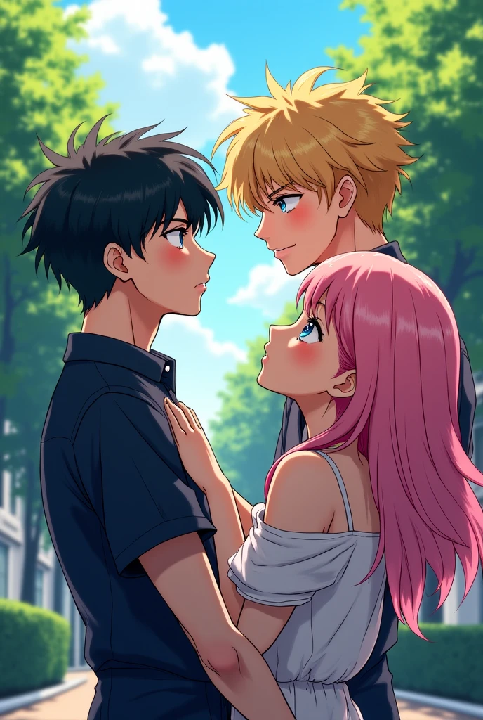 [Bl anime style]
Aleo: Blonde guy, ocean blue eyes, idol, Chinese.
Julian: Black hair man, Gold eyes, more tall than Aleo, dominant, Mafia, Russian.

Julian and Aleo are fighting over a woman with pink hair.