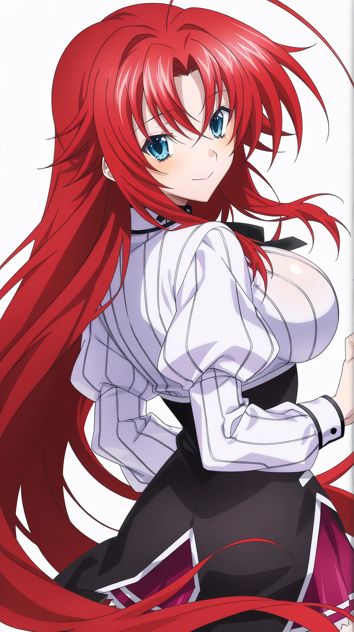 score_9, score_8_up, score_7_up, Anime Source , perfect lighting, very aesthetic, REST, anime screencap, Anime Coloreado, ri4as-dxd , an elegant, red hair, Huge Ahoge ,very long hair, blue eyes,deep ocean blue eyes, cross bangs,large voluptuous breasts, shirt, skirt, negro, medias blancas altas, forbidden zone , puffed sleeves, dxd-uniform, looking at viewer, is, looking back, Looking to the side, cowboy shot, white background, front view, standing, smiling,happy