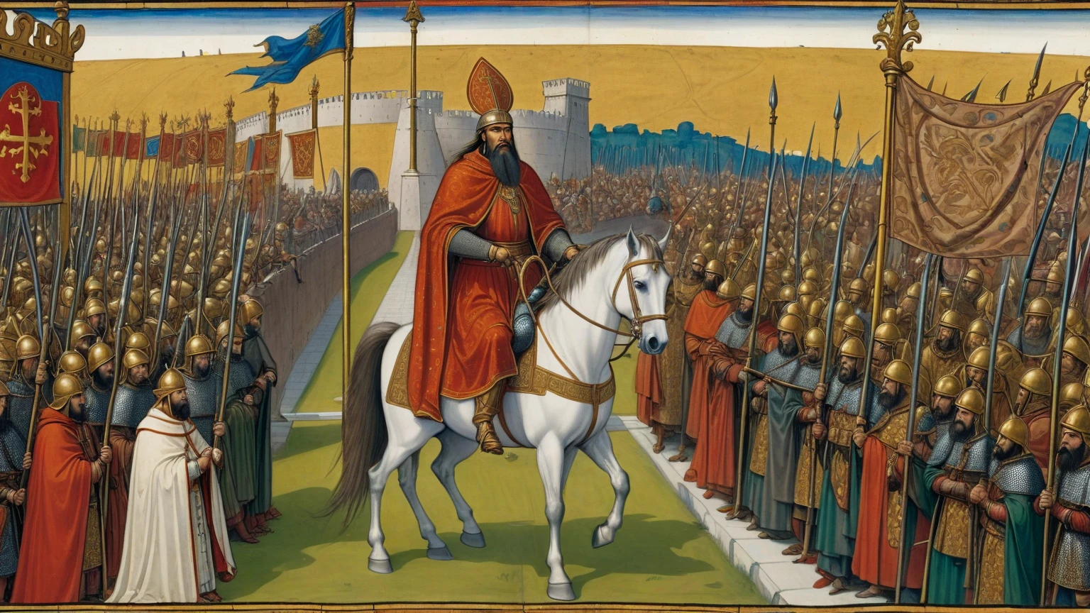 A detailed portrait of a king's triumphal entry into the city of Constantinople after a successful siege.