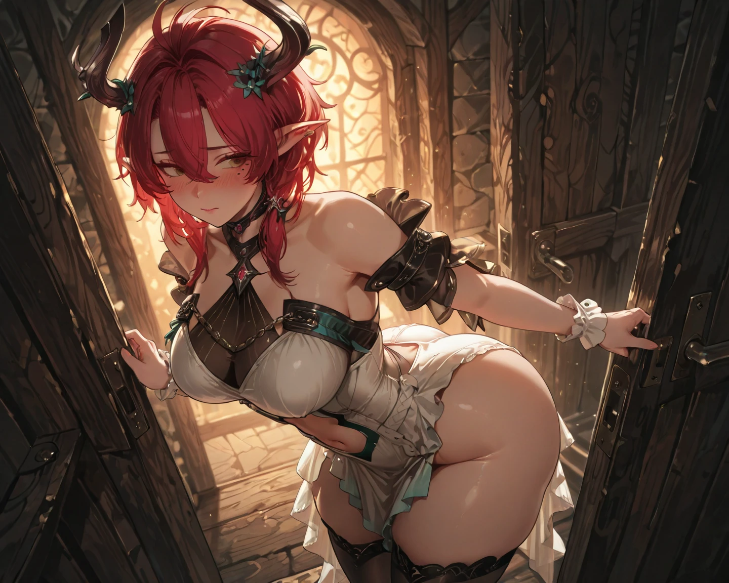 Masterpiece, 1oni woman, kneeling pose, looking at you, grabbing her own tits, holding her tits, golden proportion, mature female,solo,meduum breasts,red hair,long twintail hair,elves ears, oni horns,red eyes, blushed, soft skin, no bra, in a room, red eyes, interesting perspective, golden proportion, long and dark transparent stockings,4k colors, high definition, waifu, ((lewd: 0.8))