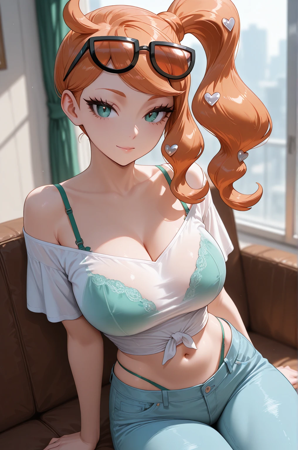 camera angle from underneath, thick auburn hair, crystal blue eyes, open mouth smile, aroused 25 years old, playfully aroused, dripping with desire, cleavage, low cut tanktop , skirt, stretching, coy smile with open parted lips, (blushing:1.3), looking invitingly at the viewer, seductive eyes, facing the viewer, livingroom background, posing by the sofa, (pov), glowing eyes, necklace, earrings, nsfw,
