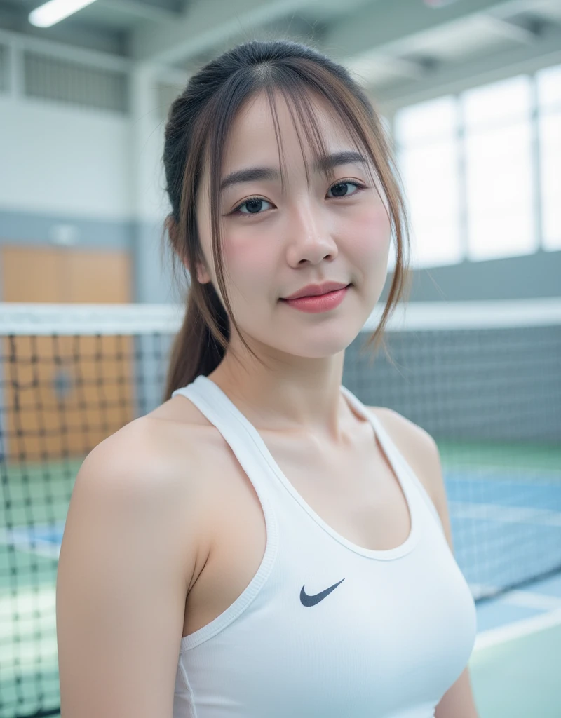 Gorgeous woman, twenty five years old, Indonesian, she is an athlete, wearing white tennis jersey/outfit, updo, outdoor tennis court