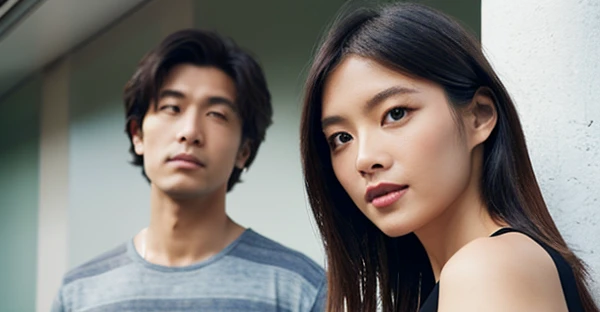 Straight couple landing for photo, Asian woman with long dark hair , Asian man with short dark hair, detailed jaw