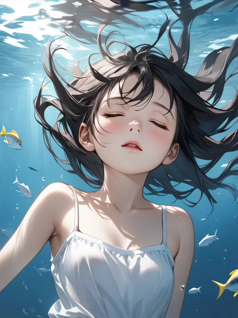 masterpiece, best quality, very aesthetic, absurdres, newest, 1girl, solo, long hair, breasts, brown hair, black hair, closed eyes, upper body, parted lips, water, lips, watermark, looking up, fish, bubble, underwater, nose, air bubble, submerged, goldfish