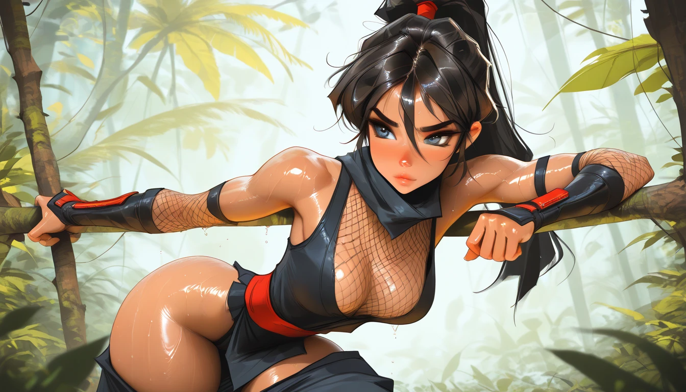 ((Kunoichi)), Indian, Indian Woman, big breasts, forest, (( sensual pose)), red and black armour