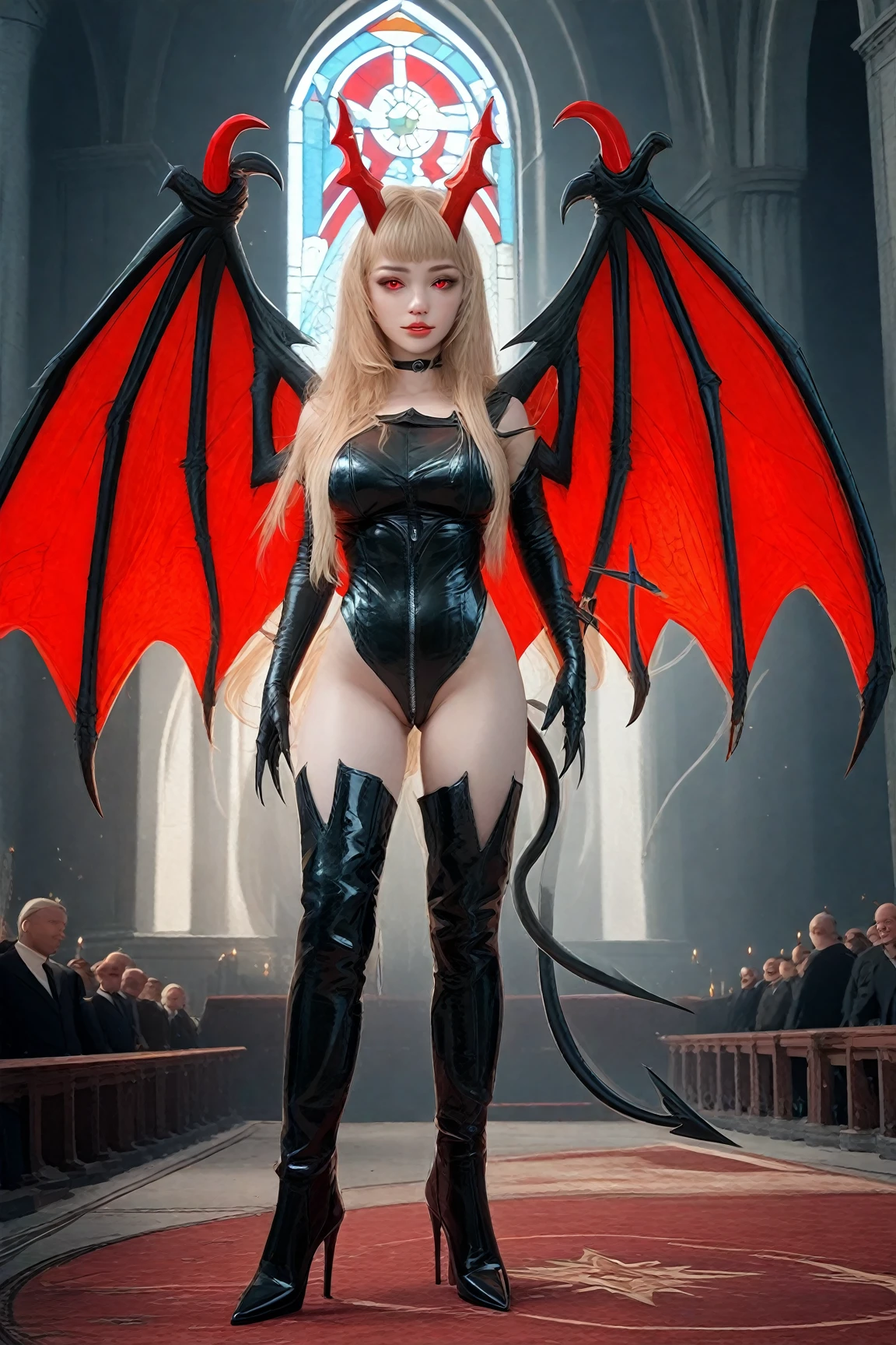 dim light, old church, good shape female vampire, long blonde curly hair, long reddish black cape, Red corset long skirt, skirt is very long, part of the ground, skirt full with diamond, and the left wrist wears a gold bracelet, 8k, highly detailed, high quality shadow