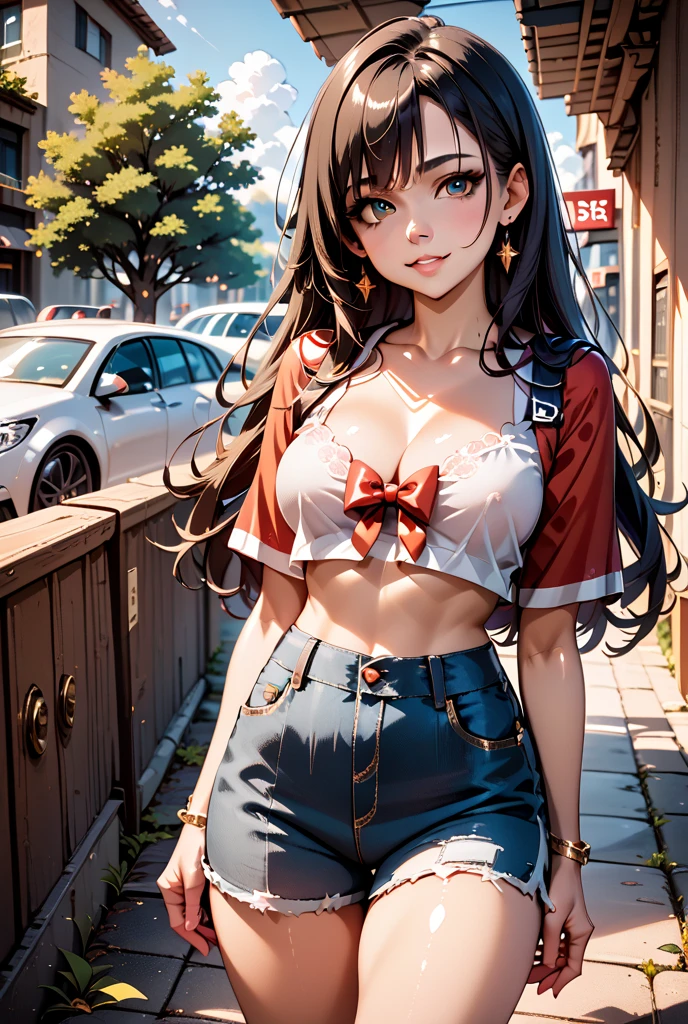 (masutepiece: 1.3), (max resolution: 1.2), (Ultra HDTV: 1.2), cinema lite, Ultra HDTV, (Detailed eyes and skin), (detailed facial features), ultgp, 8K resolution, Sharp Focus: 1.2, Perfect Style, Beautiful Face, accurate, Anatomically correct, Highly detailed face and skin texture, Detailed eyes, Dark-blue eyes, Double eyelids, Thin eyebrows, dropping eyes, (Glitter Eyeliner:1.2), Natural cheeks, Glossy skin, (Fair skin:1.2), shiny necklace and earrings, (Glossy lips: 1.4), break, absurderes, One-person viewpoint, (she is high school Student), (Wear a Button up sheer white shirt:1.3), (blazer of blue), (Pleated mini skirt of gray:1.2), (high heels), (The Light blue bra is transparent:1.4), (shy smile:1.2), (wet clothes:1.2), ((Innocent and very cute girl:1.3)), (high-ponytail hairstyle, Wavy Hair), (Dark brown hair:1.2), Medium Long Hair, (Cowboy shot: 1.2), Focus on Face, medium large breasts, ((sexy pose on Instagram:1.2)), ((In the School Rooftop at rain of night:1.2)),