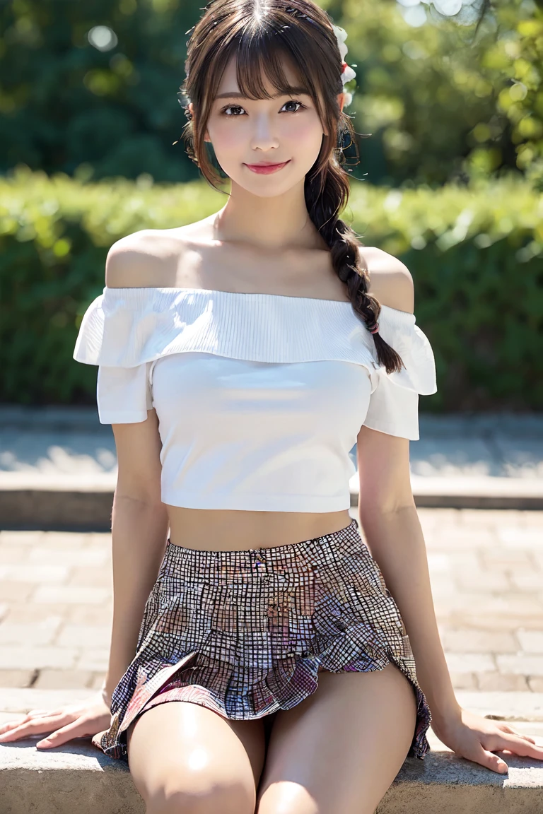 Highly detailed CG Unity 8K wallpaper, highest quality, Super detailed, masterpiece, realistic, photo realistic, Highly detailed cute girl, 20-year-old, (skirt lift), ((skirt lift by myself)), white panties , panties focus, blush, parted lips, looking at the viewer , half body shot , wearing an off-shoulder shirt , (crowd), (crowded park) , short hair