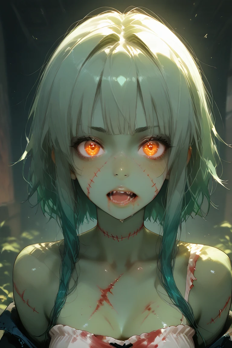 A single zombie girl, green skin