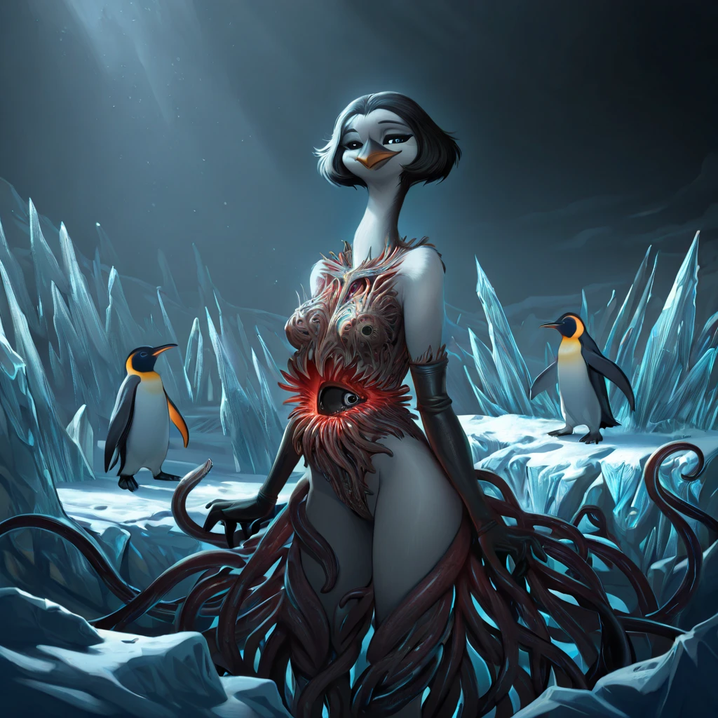((NSFW, , best quality, amazing quality, very aesthetic, extremely detailed, intricate details, minute details, detailed background, dramatic cinematic lighting:1.4,incredibly_absurdres, hard light:1.4, masterpiece 8k, vivid colors, rich palette, score_9, score_8_up, score_7_up,), penguin, king penguin, anthro penguin, 1woman, naked, medium breasts, Ice, black eyes, black sclera, short hair, arm gloves, smug, leotard, thighhigs, eldritch horror, tentacles, long neck, extra mouth, extra eye, tall\(tentacles in body, glaciar, cosmic, tentacles on background\)