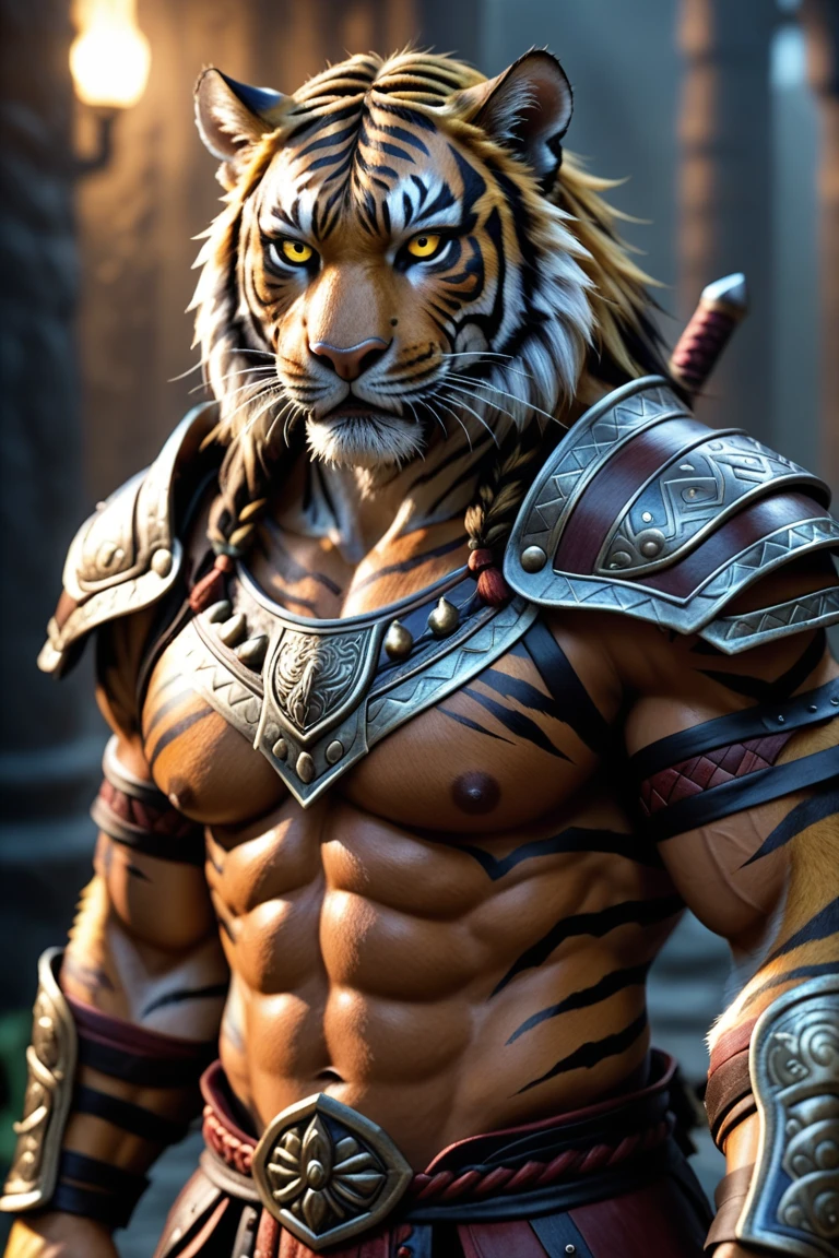 (masterpiece, best_quality, beautiful digital art:1.4), (half-body shot:1.5), ancient anthropomorphic tiger samurai using an ancient samurai armor, photography, beautiful, bokeh temple background, colorful, masterpieces, top quality, best quality, official art, beautiful and aesthetic, realistic, cinematic light, (sharp focus:1.6), highly detailed, ultra realistic, 8k