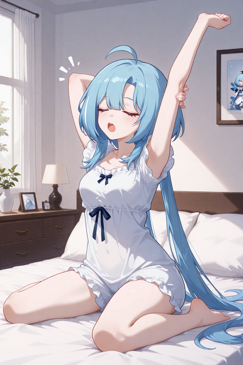 (masterpiece, best quality）a girl，（（spread legs)）），blush，（（Completely pure white bikini）），Sweated a lot，Bikini half-covered，small breasts，Lying on a pure white bed，detail，（Completely soaked，completely wet），Awkward，surprise，Extreme shyness，doubt