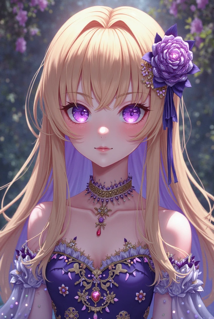 Kuroume_1024, ((shoujo-style, floral background, romance manhwa)), (close up), (1girl:1.2), platinum-blonde hair, solo, long hair, flower, dress, thick eyeblows, blue flower, wavy hair, closed mouth, collarbone, breast, cleavage, puffy sleeve, white dress, purple dress, elbow gloves, earrings, necklace, hair bow, face focus, beautiful face, detailed eyes, pupil, looking at viewer