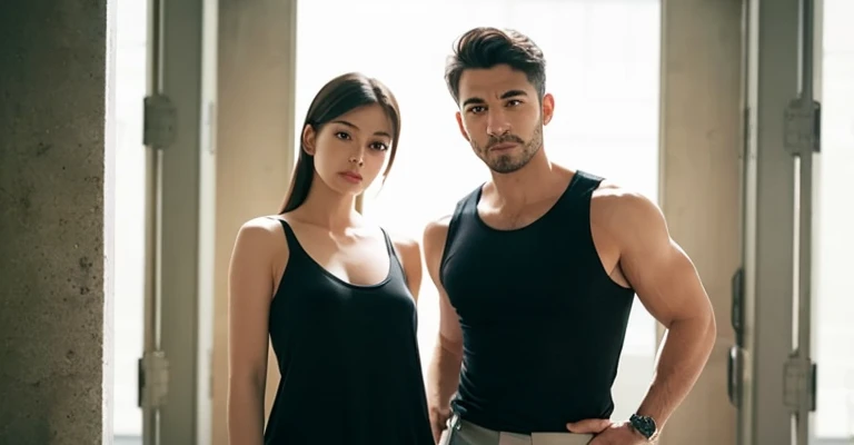 Heterosexual good looking boy and girl couple, young masculine male with short brown hair, wearing a black tank top, holding hands with a young lady with black long hair, wearing a white dress, loving couple, in love.