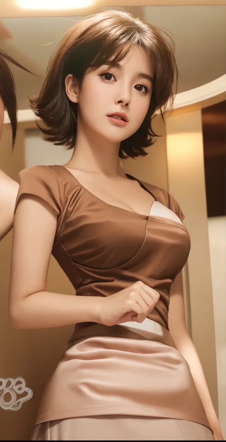 Professional, High level of detail, close up photo (attractive mature 45yo woman:1.3),ray tracing, natural lighting, (blushing:1.1 ), (classy, elegant, dandy)1.2, (white colour), perfect face, flower  dress with black blazer,  long pencil skirt, (((glasses, covered))), big breast, cleveage, Slim Face,(mature) , Pretty Lady,  smile eyes, see full image, bracelet, (at stairs), view from behind, loose hair