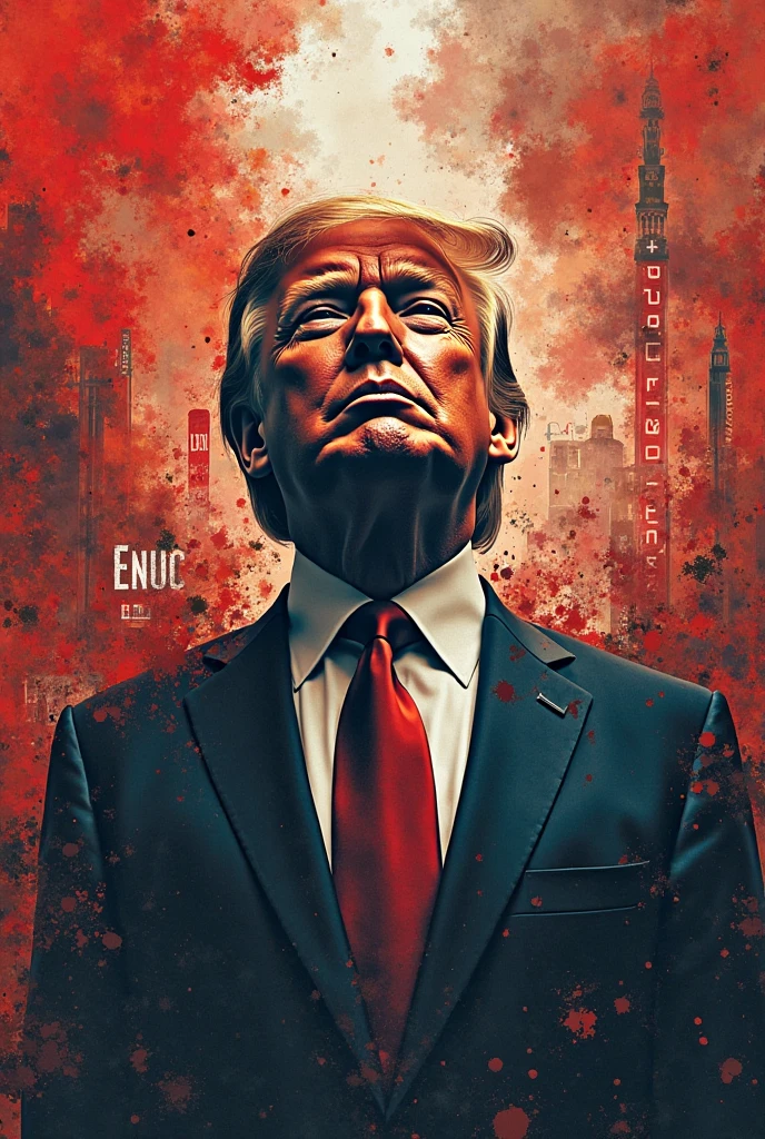 Seductive and Beautiful young woman with a soul of pure evil and hatred. Alluring long red haired serial killer wearing a “Trump 2024” long sleeve red shirt, a black pleated microskirt and black ankle high boots. Surrounded by blood and bodies.  She attacks a man viciously, A bloody knife in her right hand. A sinister smile crosses her glossy red lips.