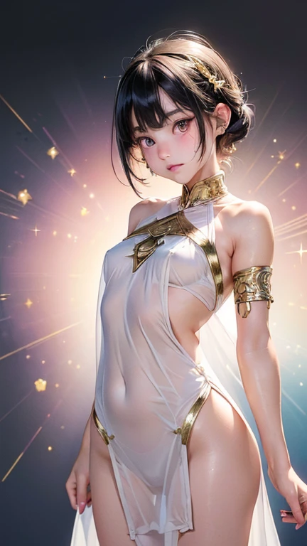 flat chest、You can see the lower half of the body from directly below...、Delicate body、a short bob、Beautiful open legs、Open your legs to show your crotch、Transparent robe、Thin pubic hair