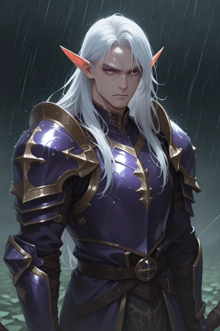 Warrior in white armor with runes, Male, Elf, 29 years old, ectomorphic body, light skin, coral hair, very long hair length, simple hairstyle, triangular face shape, deep-set eyes, wide lips, medium eyebrows, straight eyebrows shape, normal nose size, straight nose shape, burn.