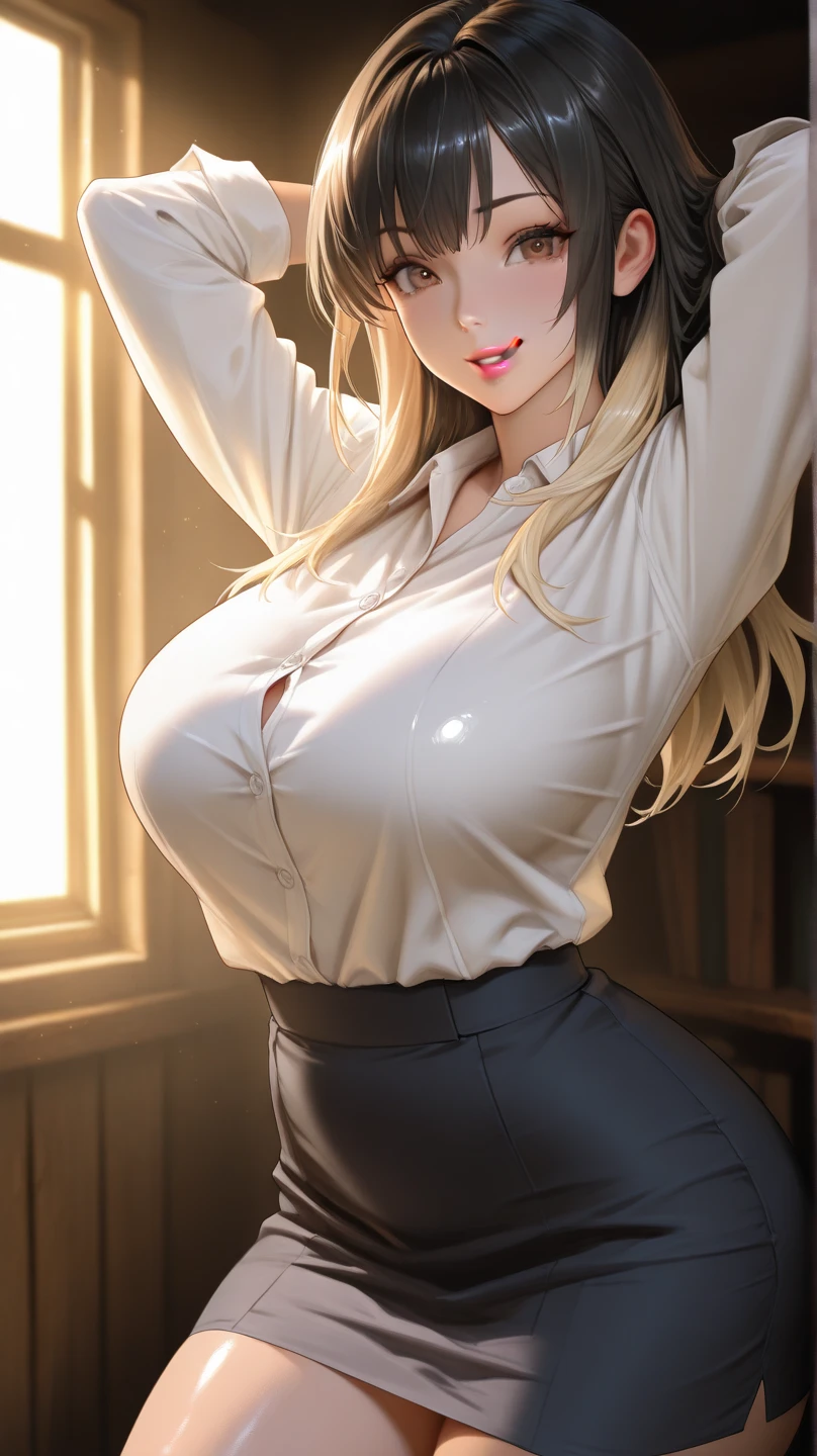 ( Ultra Masterpiece, Best quality ), Detailed Face + eyes, beautiful eyes, (Absurdres), (Anime), (Skindentation), (Best shadow), ((Anime)), /(Kamidere face)/, /(Kamidere looks)/, (Perfect face)+, Huge breasts, Very curvy, ( curly blonde hair), long hair, Beautiful hairstyle, (brown eyes), Full lips, ( angry face, frown, warm smile ), ((beautiful character design)), At home, ( Intricate Clothes ), BREAK, Professional photo, (Thick thighs), Big breasts, Ray tracing, (Perfect face)+, Octane render, good looking shirt, ((white) shirt: 1.3), good-looking skirt, ((red) skirt: 1.2), ( cleavage ), medium breasts, (Soft skin), (healthy body), 1 Female, (bold and assertive pose), (Very sexy+, Gorgeous woman+, young beautiful woman+), BREAK, ( Sitting down, Facing the viewer, looking away ), ((Kamidere))+