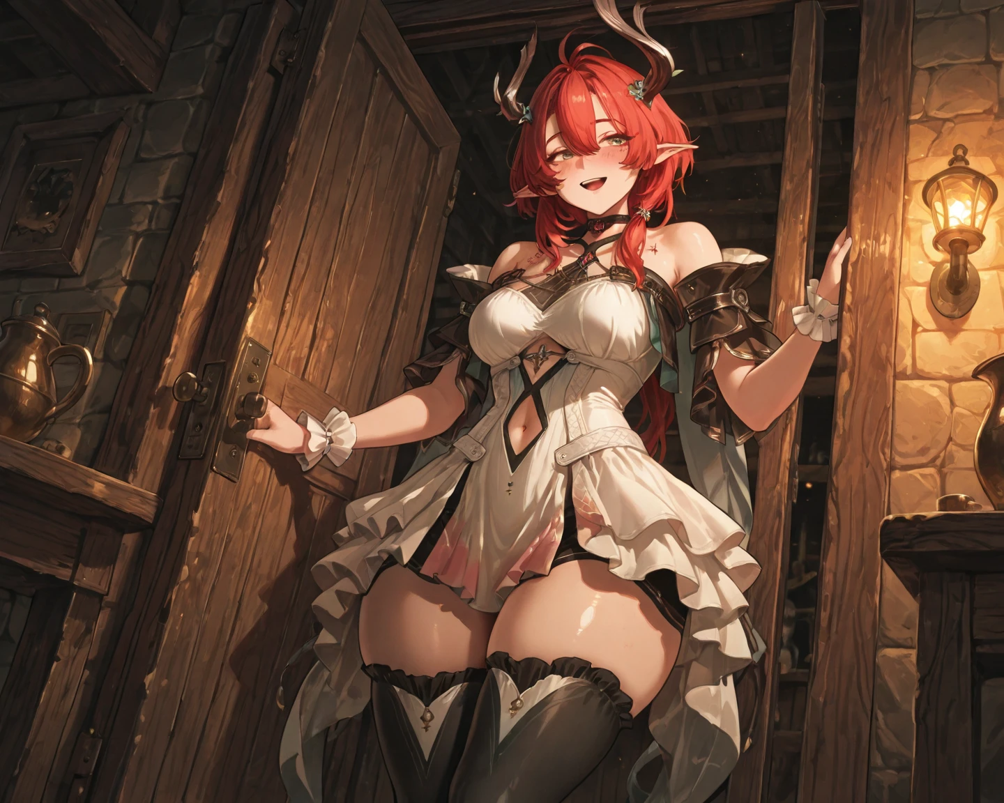 (masterpiece),(best quality),(ultra-detailed),(best illustration),(best shadow),(absurdres),(detailed background),(very aesthetic), wizzard, short hair, red hair, ((twin tail)), red eyes, cloak, red_ornamentedium_tits)), exposed belly, 1girl, legs exposed, strikes, Perfect face, short skirt, knee socks,add_detail:1, add_detail:0, add_detail:0.5, moody light,and the sun was shining brightly,8k,hyper-detailing, ((staff_weapon)), from behind, ass, looking back, thong