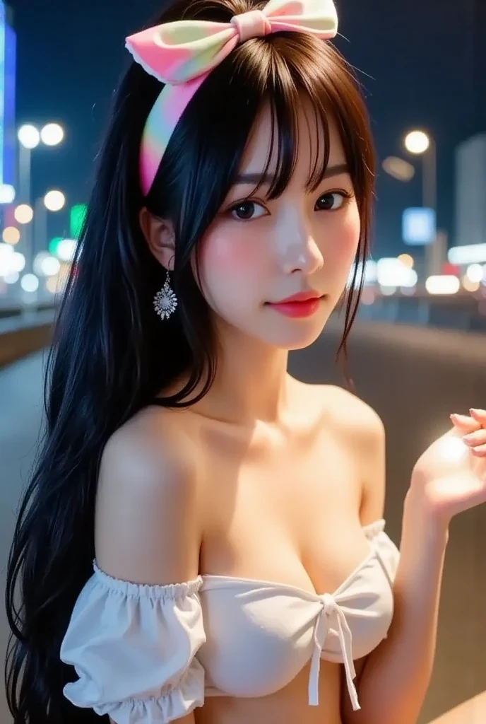 Very detailed、masterpiece、highest quality、Ultra-high resolution energy A、8K High Resolution、Photogenic transparency、Detailed eはい、Gradation、Perfect anatomical figure , Nikon Z9 80mm Lens, Beautiful girl with long hair, Hair and bright eyes, Standing in a puddle at night, Vibrant, Colorful lights and bokeh. The lighting casts a warm glow on her face and hair., Blue glow, Reflection on the surface of the water, Create a dreamy and magical atmosphere.(Big Breasts:1.4)、(plump lower lip、Pink Lips:1.4)、(Black Hair、Blunt bangs, Short Hair, ponytail、The forehead is hidden by the bangs:1.4)