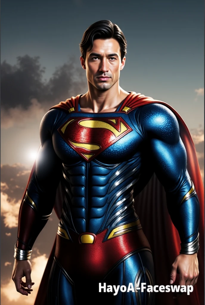 1 man as superman, tatoo superman, Beautiful eyes and face details, shirtless, nice body and defined muscles, best quality, blonde hair, blue eyes, toned body, (male model) warm skin, master piece, Best qualities, Older man handsome man in the world, Superman symbol, cinematic, realistic, futuristic, dramatic,