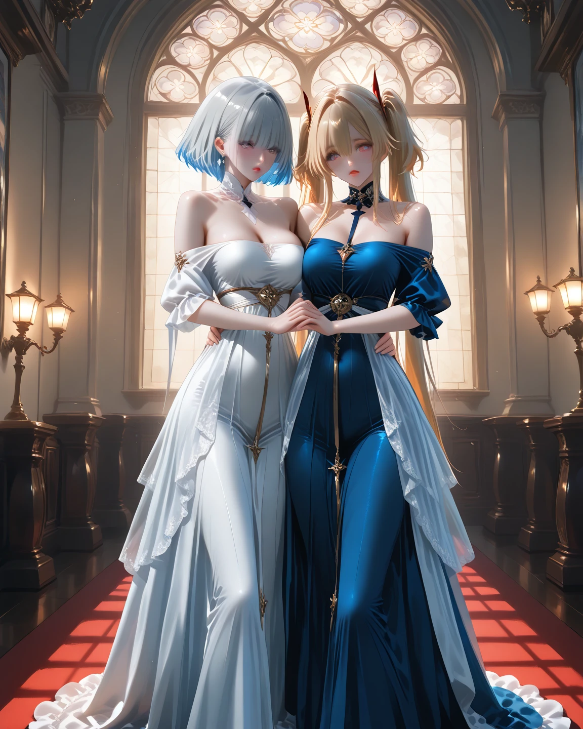 (2 young women ,Sesame girl),(has short blonde hair),nobility,(princess),blue student,Tall figure,((Strapless dress)),low skirt,(Star evening dress),Show your legs,Crystal heels,red carpet,prom website,(nobility),(big tits),(Various poses),((Various color sets)), Highest quality、Highest picture quality、Masterpiece