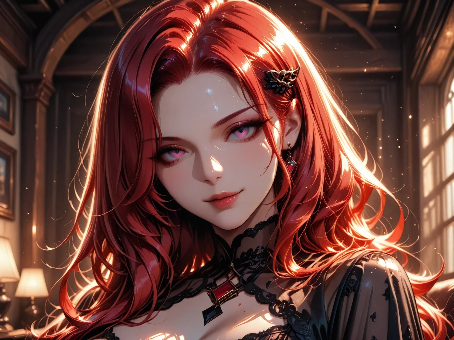 Illustration at a vampire castle One woman, long red hair, beautifully detailed blue eyes. Beautifully detailed red lips He has black goat horns on his head. Wearing black skimpy lingerie (Best quality 4k high definition masterpiece.: 1.2) Very detailed ( Realistic:1.37)Smile, a masterpiece of art in the scene