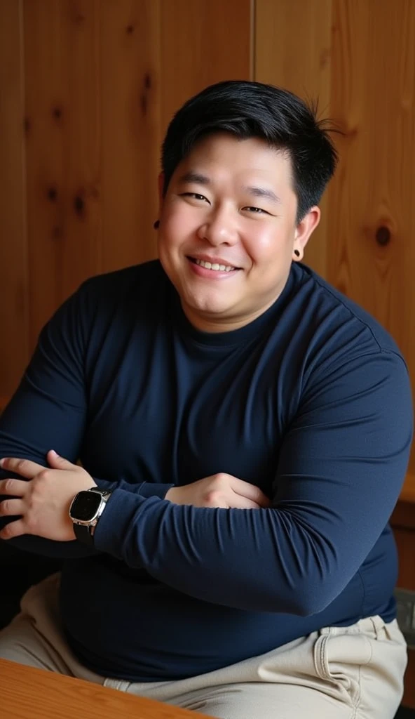 Man, Asian, 50 years old, Fat, Chubby, wearing glasses, Light blue, Thin shirt, sitting in shopping mall, looking smile.
