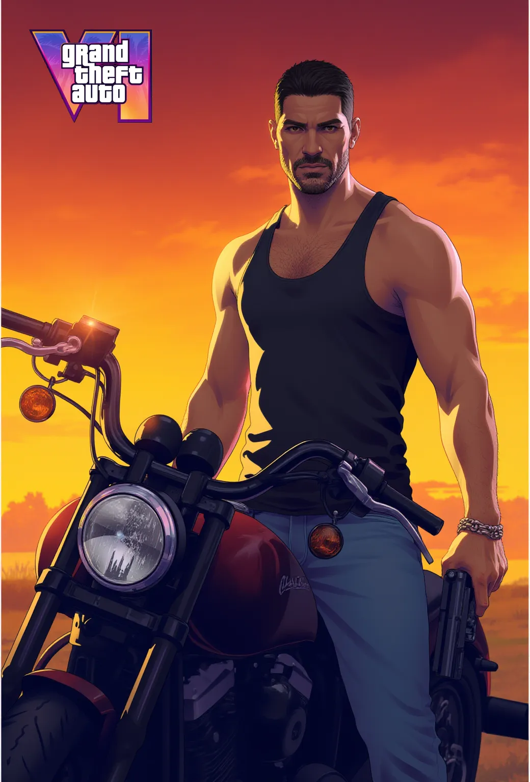 illustration that evoke stoicism men from 25 years old, shirtless, barefoot, strong, slim body Importance of Reason Style: Scientific realism, with a focus on detail and precision. Color palette: Cool, neutral tones (navy blue, gray, white) to convey clarity and objectivity. Expression: A concentrated and determined gaze, brow slightly furrowed in thought. Setting: A young strong handsomen cinnamon sking, standin looking to the camara, smiling next to ((an orange motorcycle background you can see intense yellow mansion)) pastoral scene, river, garden, golden hour, wide open shot