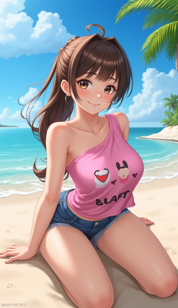 attractive korean woman, ripped muscle, muscular body, small breast, pale skin, smile(blush), bikini, cross pendant, sixpack abs, [ultra detailed skin:1.2], brown hair, wavy hair, 8k uhd, full body, crowd, public, park,