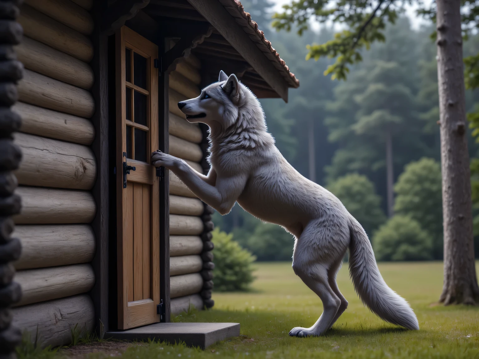  (masterpiece), best quality, 1wolf,  realistic, highly detailed, shallow depth of field, sharp focus, hyperrealism, cinematic lighting, photorealistic style, 8k solution, a gray wolf is stands on its hind legs and knocks on the door of grandmas old wood house in the middle of the forest, view from the side, 