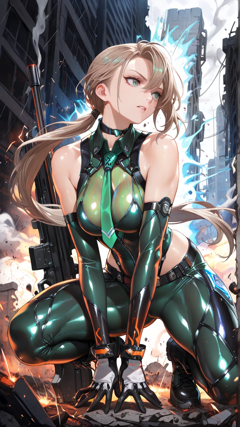 masterpiece, best quality, highres, aalamia, long hair, green hair, parted bangs, collar, off shoulder, cropped jacket, long sleeves, green dress, pelvic curtain, <lora:lamia_loveless_v2:0.7>, cowboy shot, building, (robot:1.4), (gundam:1.1), cyberpunk,