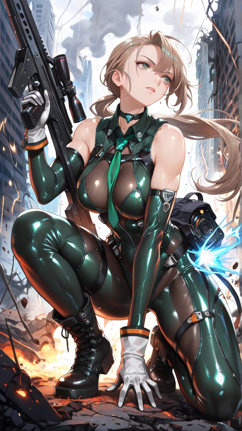 Military green translucent armor,Arm mecha,blonde short hair,Long ponytail hairstyle,Large Breasts,Cleavage,Pistol hanging from waist,fighter pilot,fighter hangar,Sexy,Lipstick,miss,Golden Eyes,stockings,Short skirt,Smile,red glasses