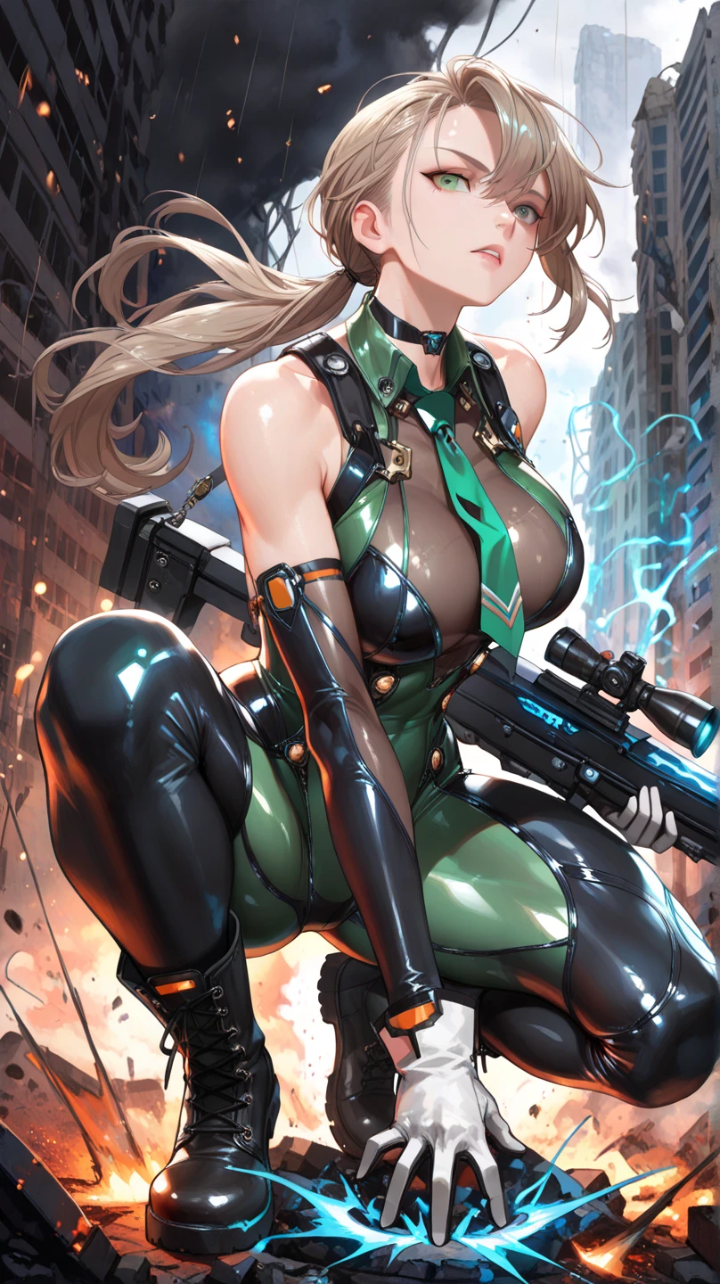 Female senator from Star Wars. Coruscant background. Young, fit. Blonde longer hair. Green eyes. Wearing tight clothing. Visible stockings. High heel boots. Clothing is high class.