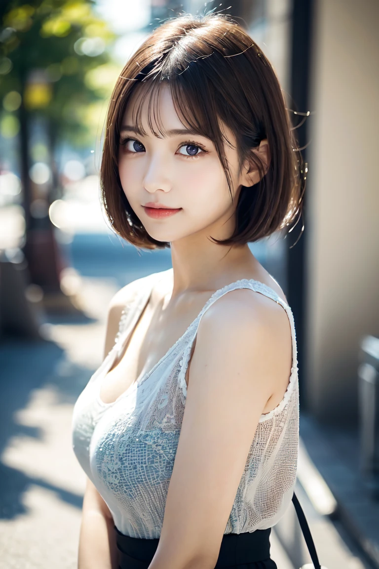 masterpiece, highest quality, High resolution, wallpaper, realistic, (bright lighting:1.4), professional lighting, face light, smooth lighting, japanese girl, full body, cute, happy, smile, shy, Beautiful girl, gravure, sexy, super beautiful, beautiful skin, beautiful and detailed eyes、detailed face、slim、moderately, short hair, brunette colored hair, brown eyes, Summer Dresses, The morning sunlight shines through the misty forest path.
