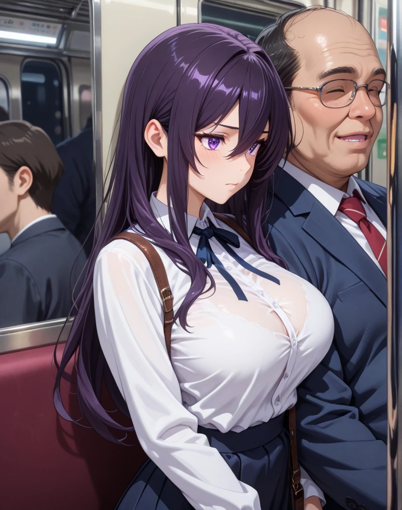 close-up, chest height-shot of heterosexual couple (1man, 1girl), sharp focus, highly detailed, cinematic lighting, 4k resolution, orange illumination, warm illumination, soft background blur, nsfw, background is the school headmaster's office
1girl: mature woman, takashirohiroko, long red hair, ((purple bra)), ((purple panties)), thighhighs, garters, perfect body, large breast, sweat on her skin, (facial expression: embarrassed, blushing),
1man: ((old asian man)), ((balding white hair)), wearing a brown suit, ((both hands softly touching girl's breast grab from behind)), he is a school headmaster,