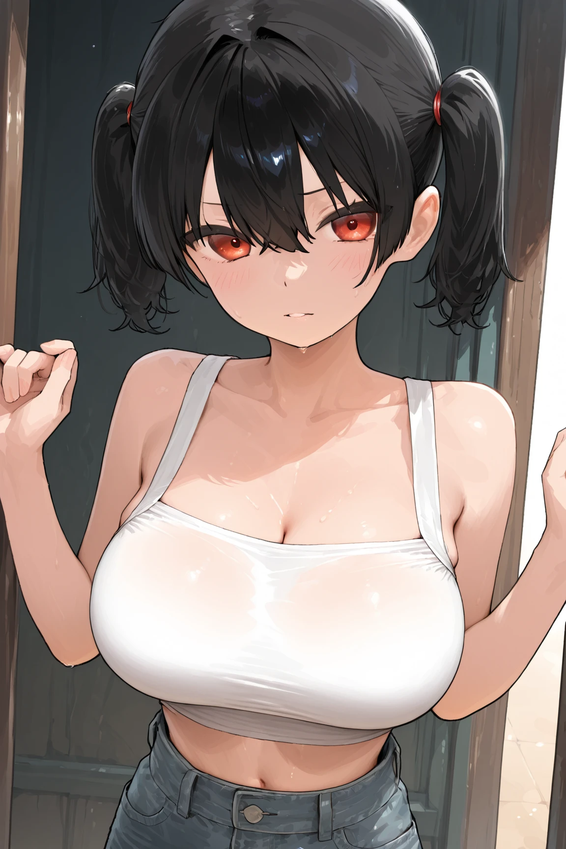 gesugaoでtitfuckをするsasaki kanna, Yellow Tank Top, underboob, Sweat, Black hair twin tails, Guess face, smile, crazy Smile, 勝ち誇ったsmile, Her body is like that of a slender elementary school student, but her breasts are large., Grip your dick between sweaty breasts, Dim torture chamber, prison