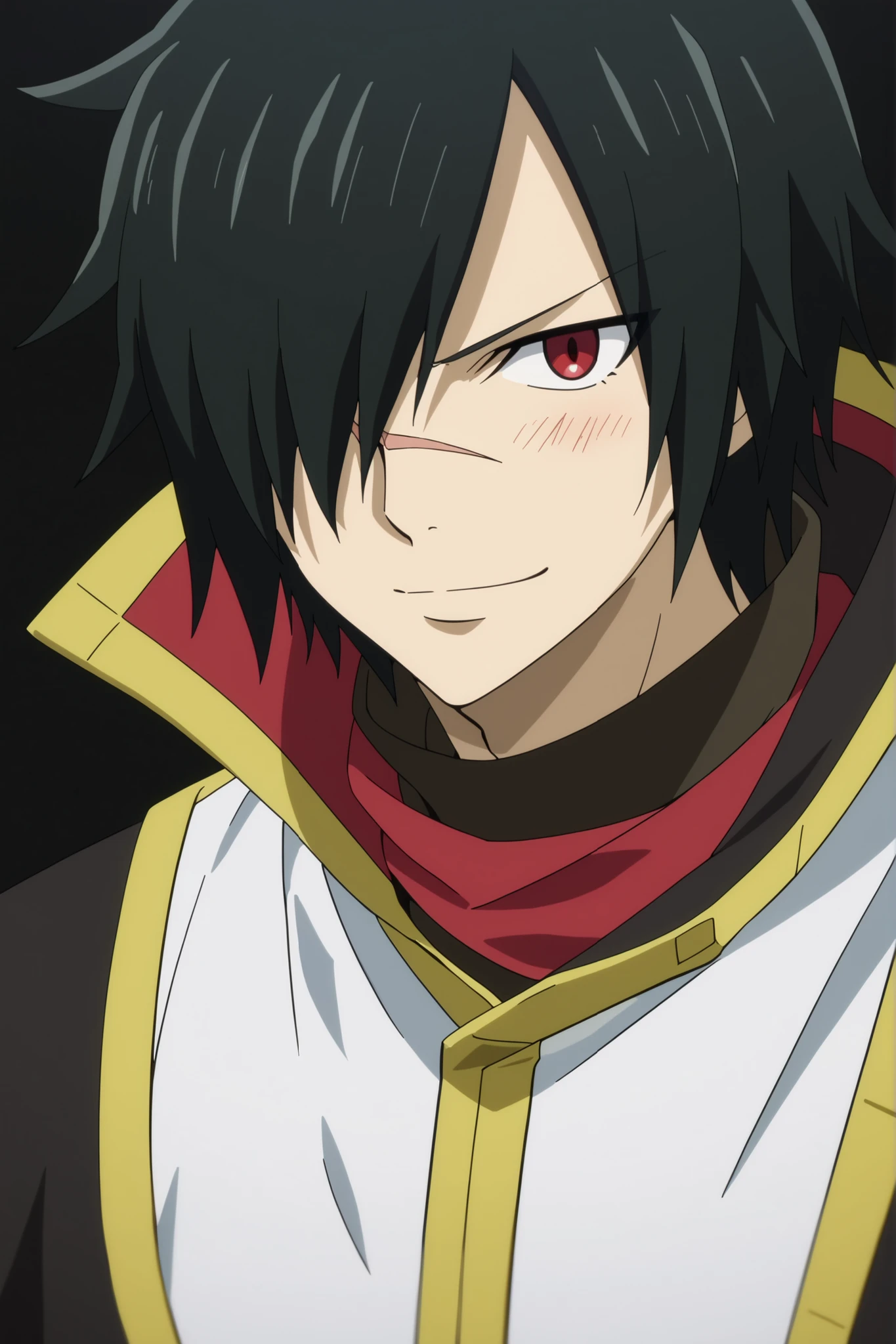 rogue_cheney, black hair, red eyes, hair over one eye, scar tattoo close-up, official style, anime screencap, 8K, extremely detailed, 1boy, solo, looking at viewer, black background , shadow , dynamic angle , dynamic action , atmospheric perspective , intricately detailed , depth of field , masterpiece , best quality , amazing quality , very aesthetic , absurdres , newest, happy smile, cute, blush, kawaii