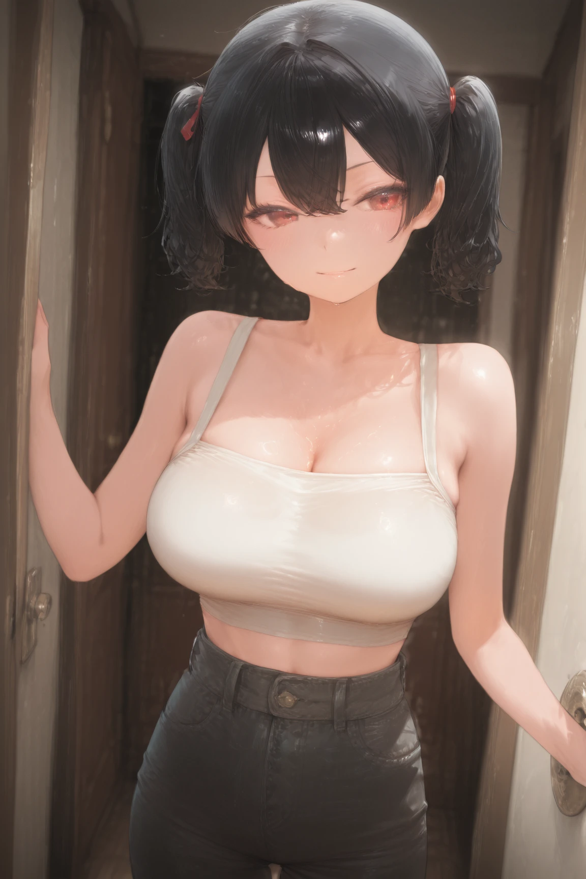 Pikki Fiona, 1 girl, alone, looking at the viewer, gray hair, short hair, hair above one eye, bob cut, black eye, chest, large chest, jewelry, earrings, gloves, cargo pants、tight tank top, No expression、big breasts、big 、indoor、Sweat