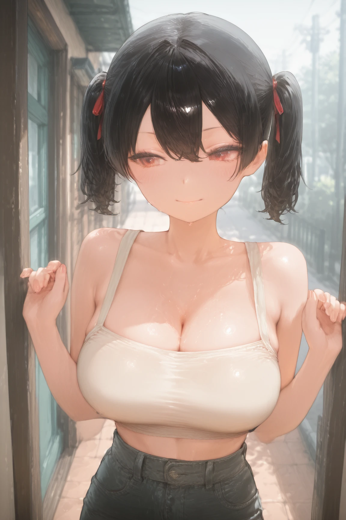 High resolution8K, armpitのポーズ, armpit, armpit, armpitを照らす光, masterpiece, best image quality, High resolution, armpitのしわ:1.5, ぬるぬるしたarmpit, alone, (covered nipples:1), red plunge leotard, high ponytail hairstyle, locker room, dress room, No bra, upper body only, armpit Light, laughter, slight smile, brown eyes, armpitの細かいシワ, リアルなarmpit, 濡れたarmpit, 艶やかなarmpit, 油を塗ったピカピカのarmpit, stand straight towards us, raise both hands, puberty, sweaty face, red lipstick, Athletics Stadium locker room, looking at armpit, I can see your belly button, (Natural skin texture Vibrant details, surreal)