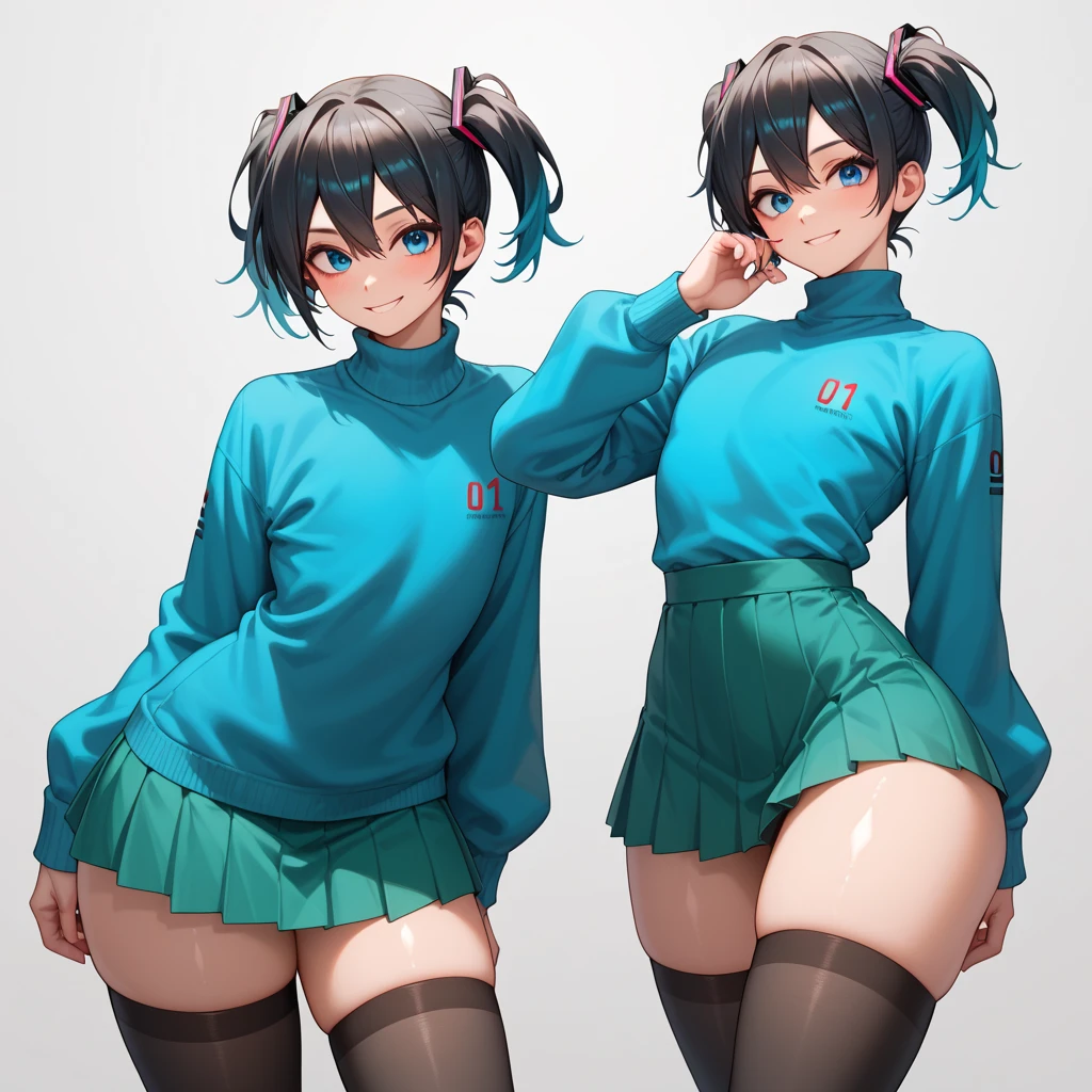 masterpiece,highest quality,wonderful,finely,High resolution,1 Girl, Large Breasts,(crop top:1.3), Black Hair, Glasses, Green Eyes,Twin tails,full body