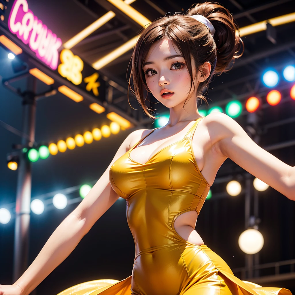 ((masutepiece)), Best Quality, absurderes, ultra-detailliert, Holographic, Cowboy Shot, Dynamic Pose, Golden ratio, Super cute girl, Mature girl, Idol girl, Super beautiful asian girl with very beautiful purple glowing eyes, Beautiful shiny brown multicolored hair, High Ponytail, Nice and sexy body, Slim body, Perfect body, Wearing a super tight anime pattern leotard, Anime Print Super Tight Off Shoulder Short Sleeve Crop Top, Super aesthetic transparent mini jacket, beautiful hair decoration, Pink Jordan Tennis, Being filmed in a dance arcade game