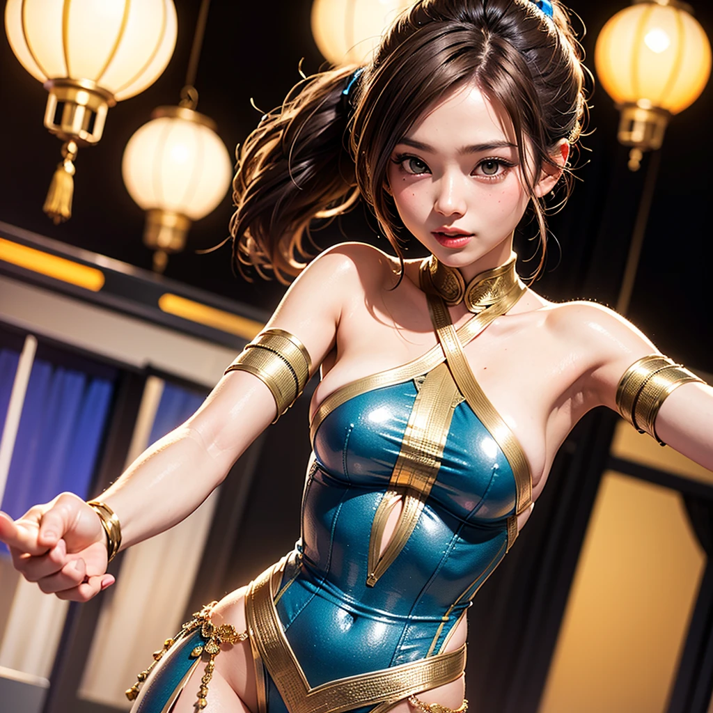 1girl, solo, light blue eyes, brown hair, holding a golden scepter, (HP: 1), squatting, legs apart, (starry sky: 1.2) full body, (luxury platinum metal armor: 1.5), dullyarts, dust Background details, eye details, ore disease lesions\(Ark of Tomorrow\), (realism: 1.4), official art, unreal 8k wallpaper, ultra-detailed, beautiful and aesthetic, masterpiece, best quality, (dynamic angle: 1.4), (floating colorful sparks: 1.2), elegant, bright colors, romanticism, medium chest, no panties, cameltoe