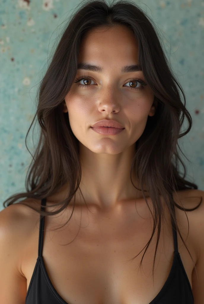 italian girl, looks like Megan Foxe, image only of the face, black hair, sky blue eyes